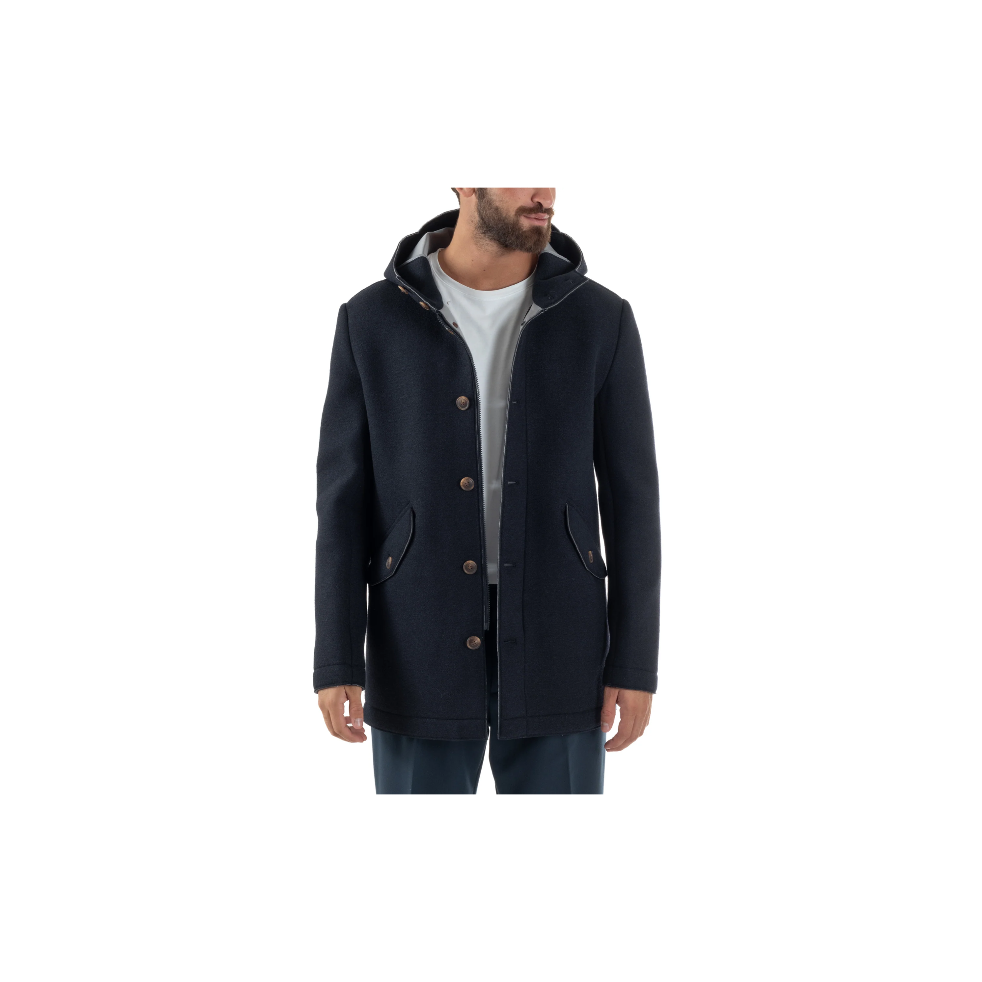 Over D Cappotto Uomo Parka Lungo Cappuccio Tessuto BLU