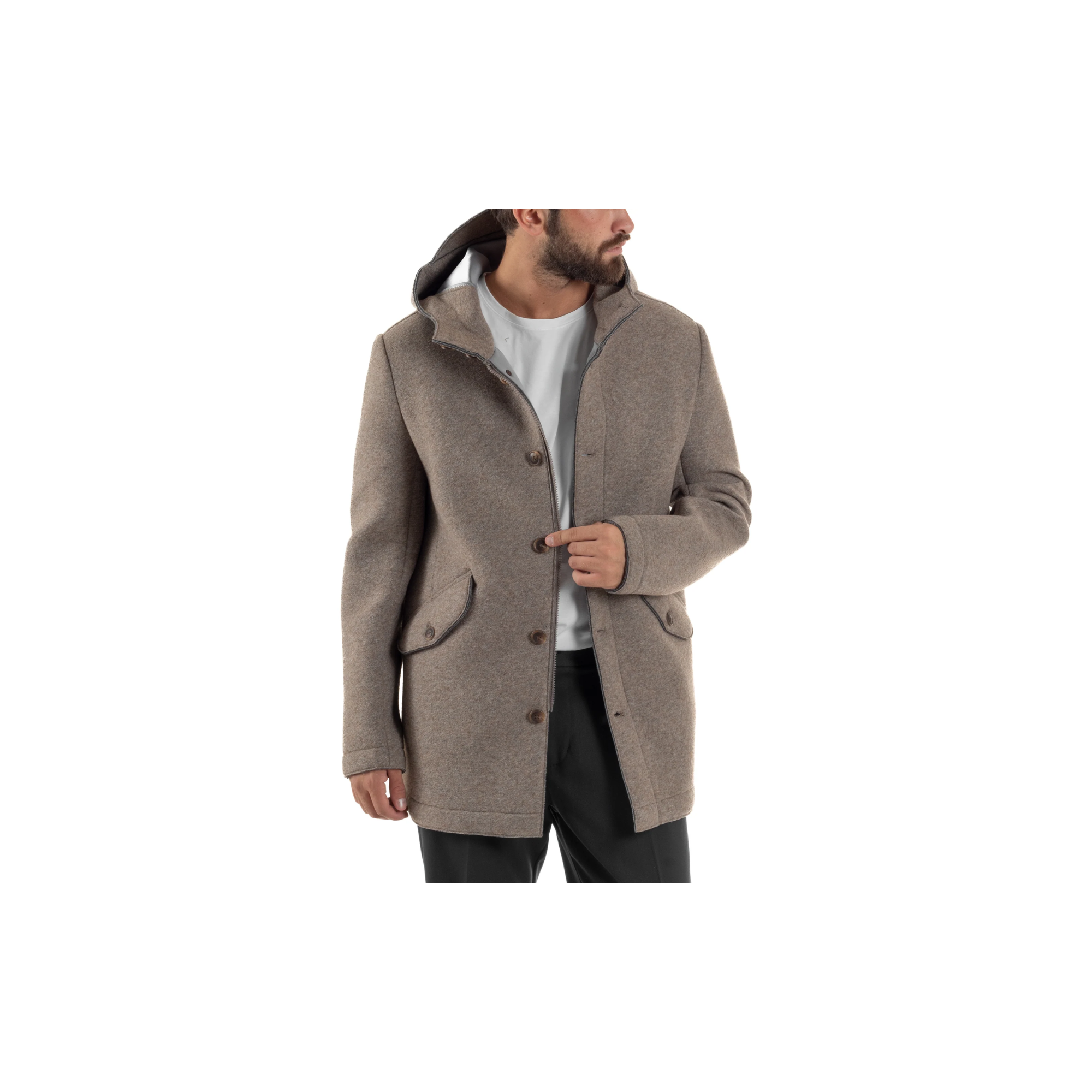Over D Cappotto Uomo Parka Lungo Cappuccio Tessuto BEIGE