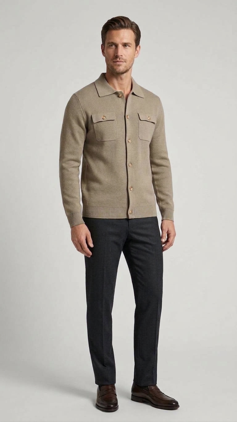 Bernese Cardigan Uomo in Maglia con Tasche Colore Beige