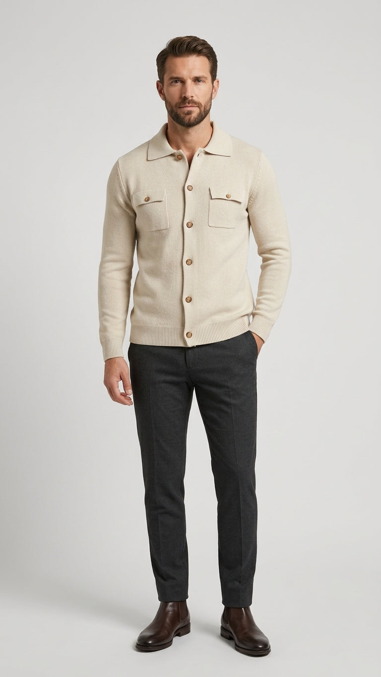 Bernese Cardigan Uomo in Maglia con Tasche Colore Crema