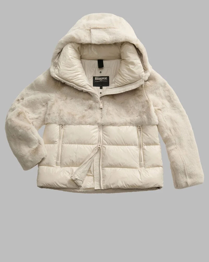 Blauer Giubbino in Nylon con Pelliccia Eco Fanevil da Donna Colore Ghiaccio 2