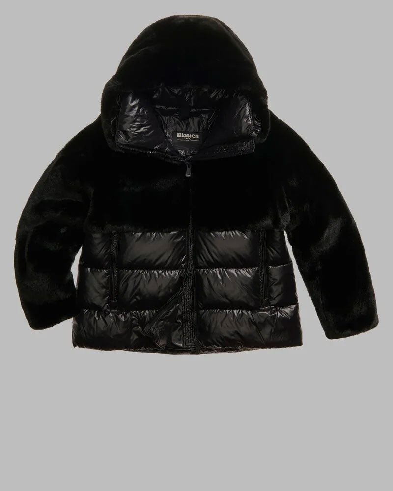 Blauer Giubbino in Nylon con Pelliccia Eco Fanevil da Donna Colore Nero 2