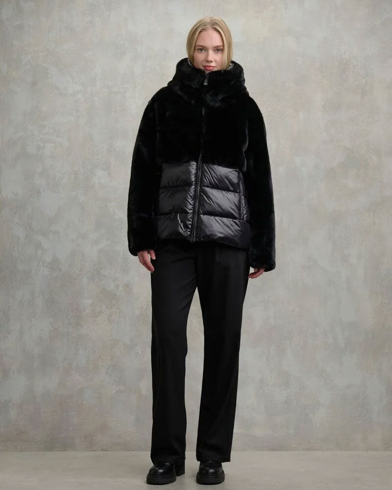 Blauer Giubbino in Nylon con Pelliccia Eco Fanevil da Donna Colore Nero 3