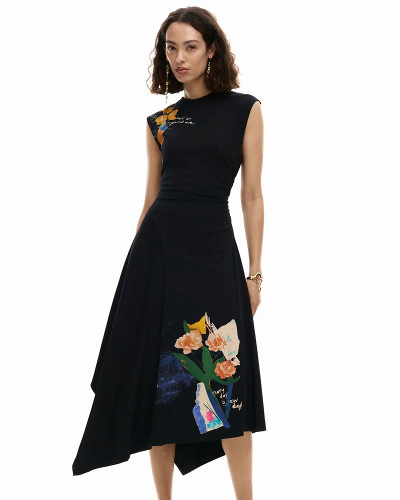 Desigual Abito Asimmetrico a Fiori Colore Nero