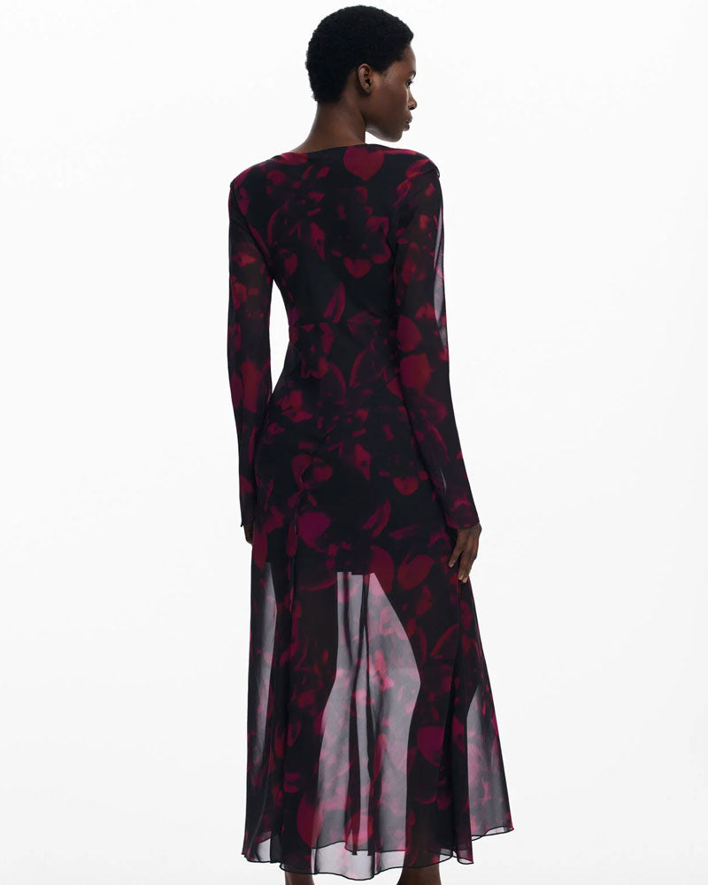 Desigual Abito Lungo Fluido a Fiori Colore Nero Rosso