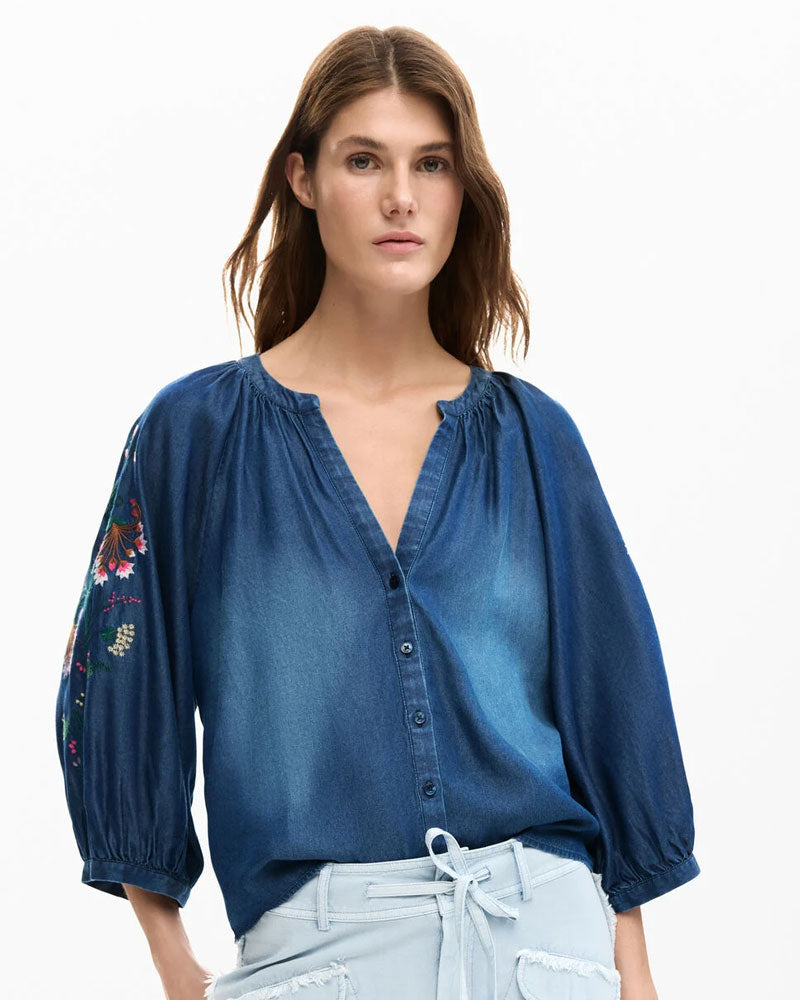 Desigual Blusa con Ricami a Sbuffo Colore Blu