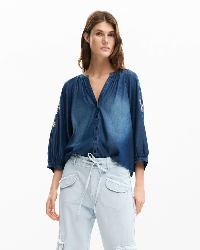Desigual Blusa con Ricami a Sbuffo Colore Blu