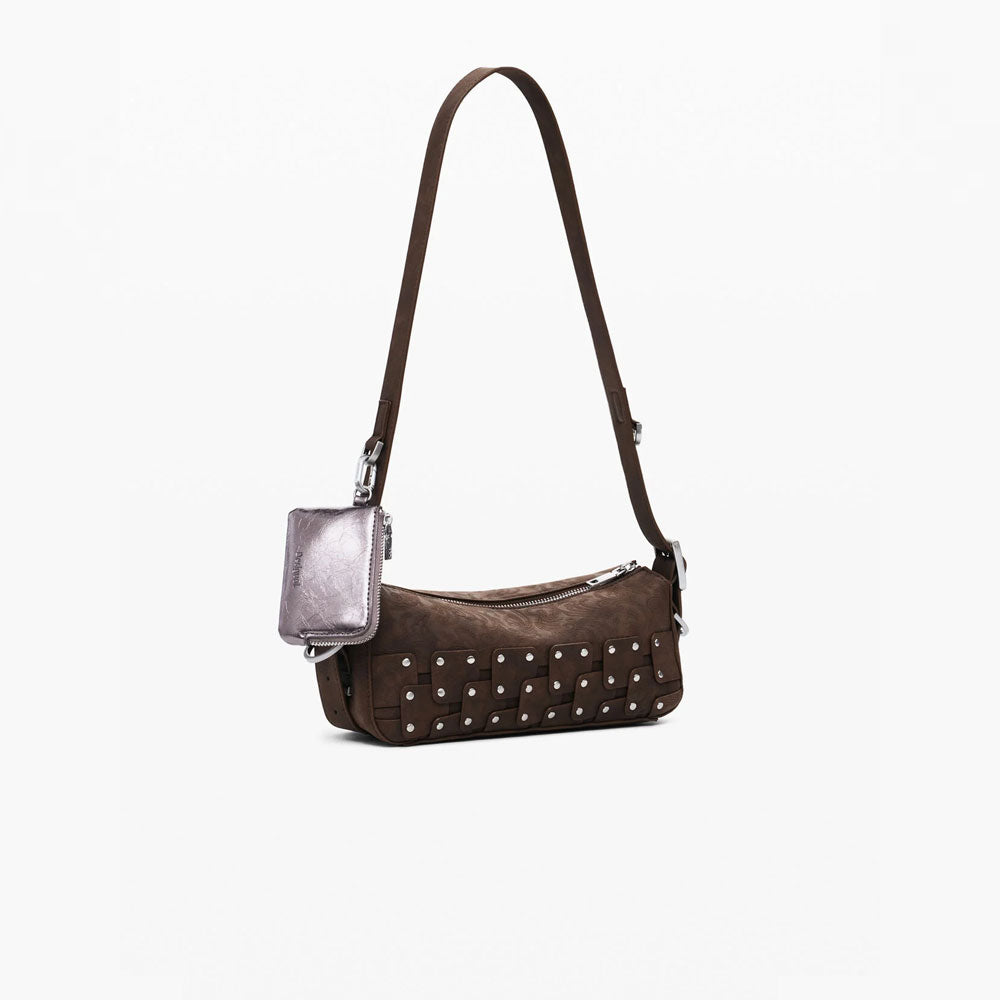 Desigual Borsa Baguette Piccola Patch con Borchie da Donna Colore Marrone 2