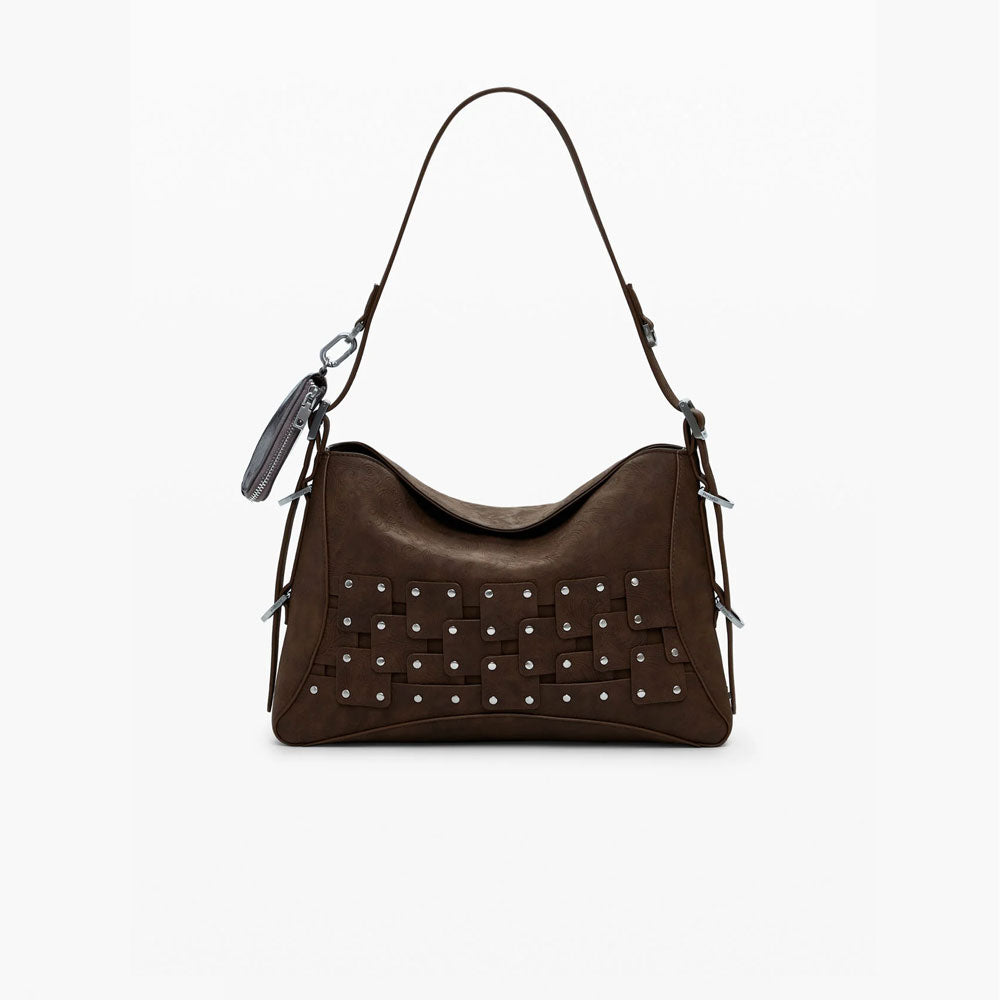 Desigual Borsa a Mano Media con Patch e Borchie Colore Marrone