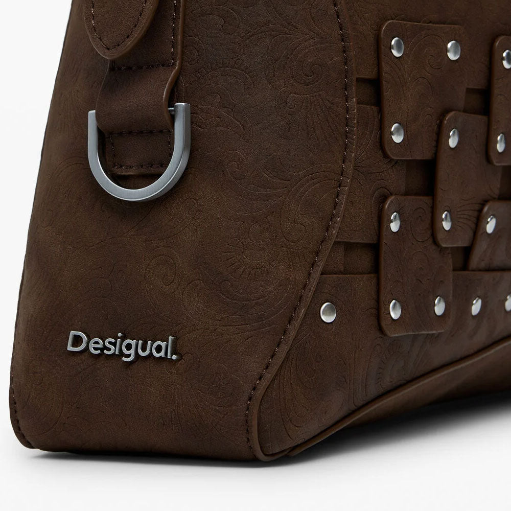 Desigual Borsa a Mano Media con Patch e Borchie Colore Marrone