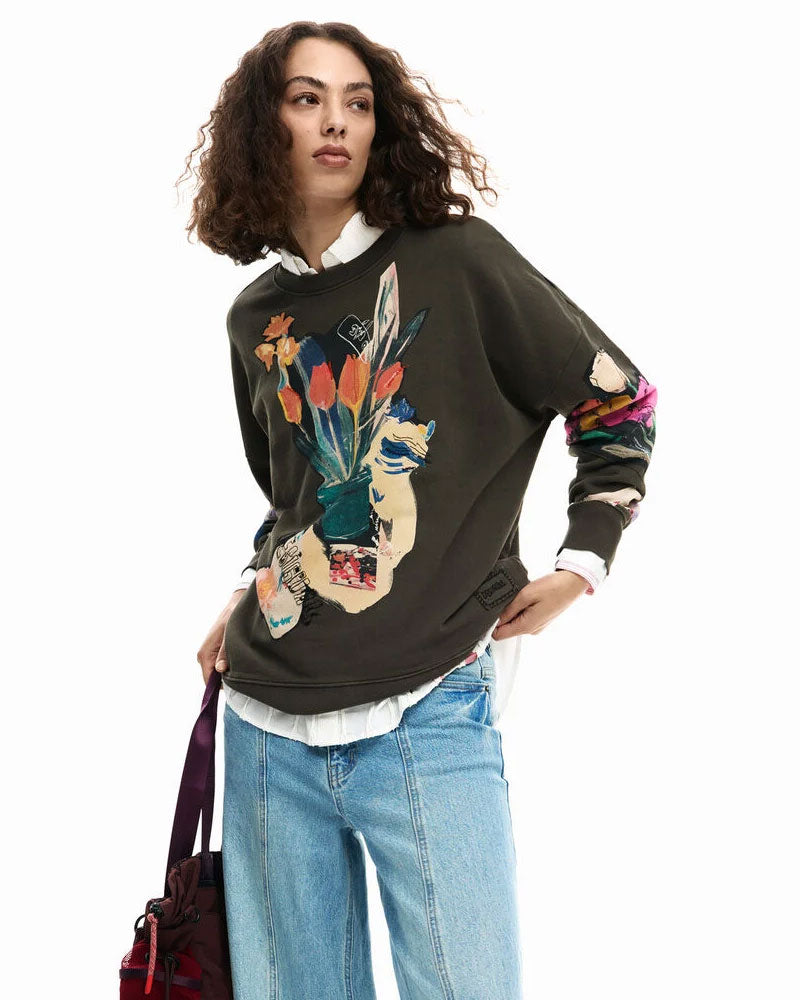 Desigual Felpa Collage Disegno Colore Marrone