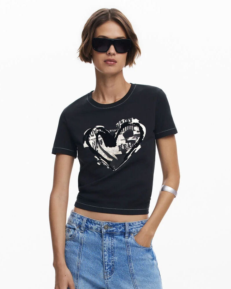 Desigual Maglietta Cuore Giornale da Donna Colore Nero