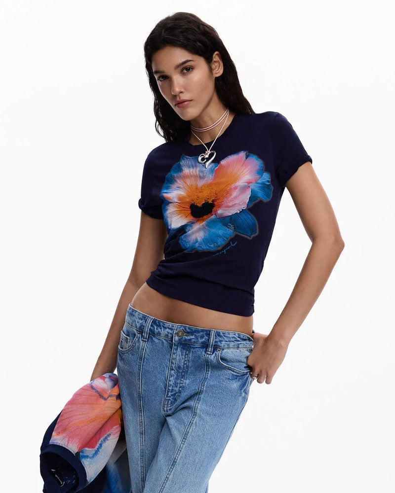 Desigual Maglietta con Grande Fiore Colore Blu