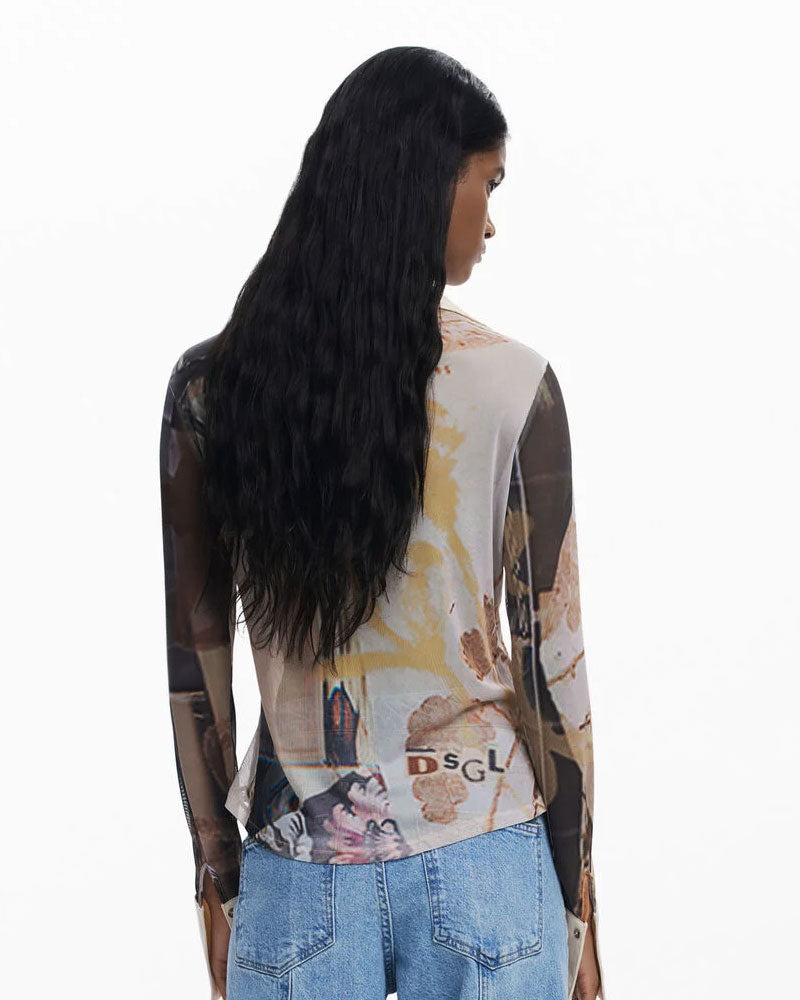 Desigual Maglietta in Chiffon con Polsini Colore Beige