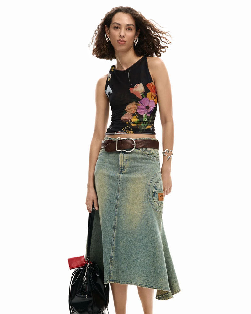 Desigual Maglietta in Tulle con Fiori Colore Nero