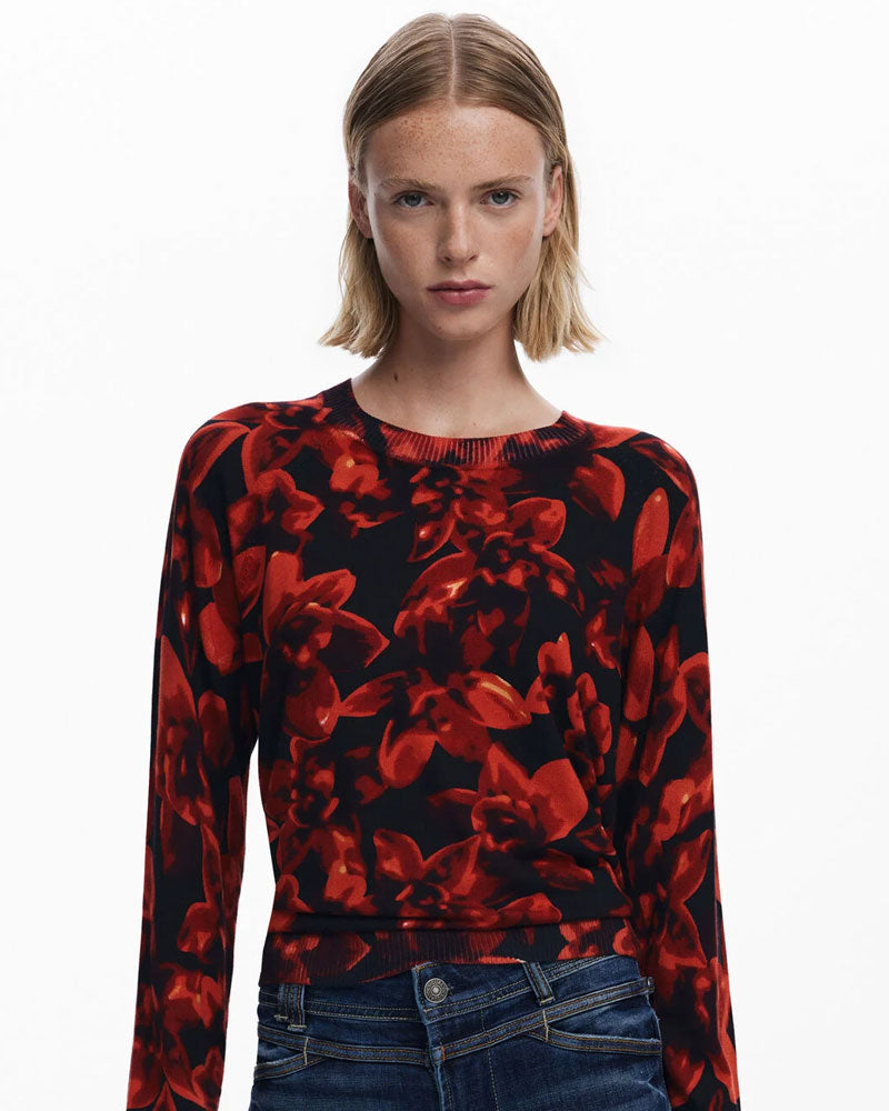 Desigual Maglione Leggero a Fiori da Donna Colore Rosso