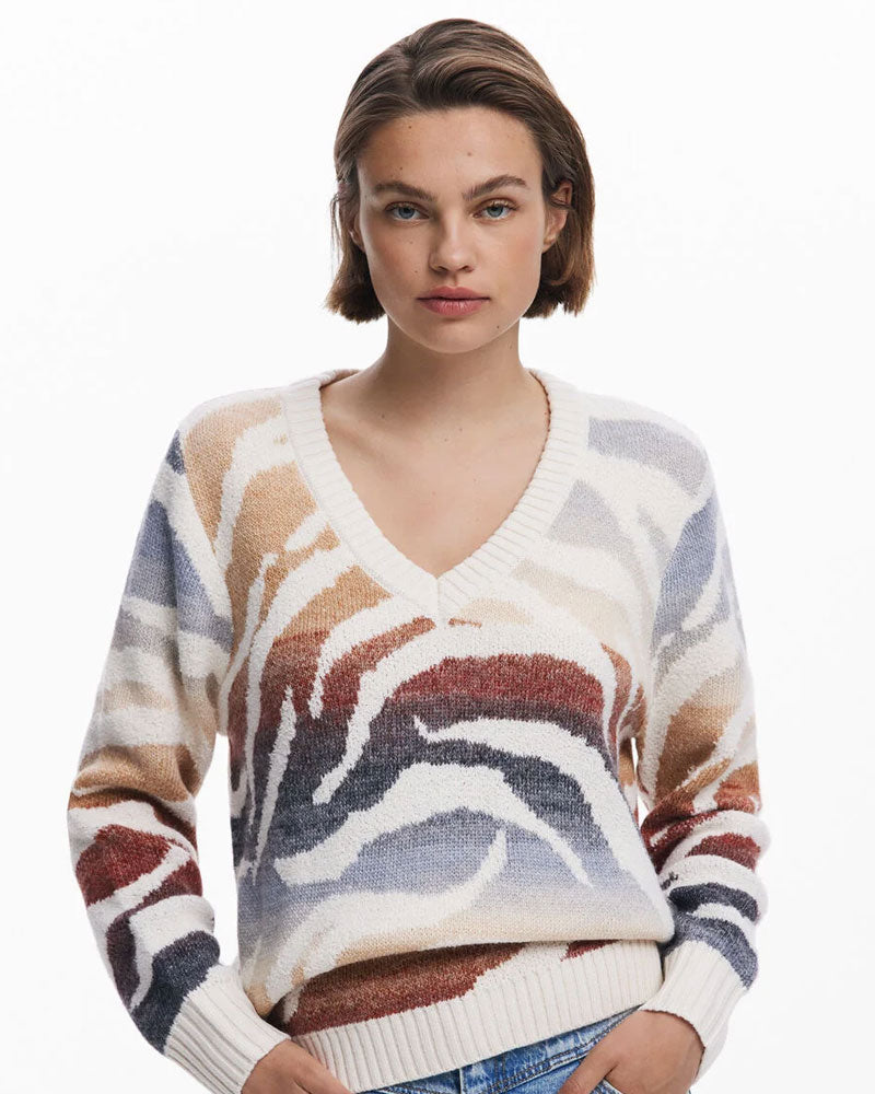 Desigual Maglione Scollo a V Stampa Zebra da Donna