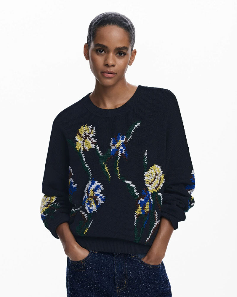 Desigual Maglione in Jacquard con Fiori Ricamati Colore Nero da Donna