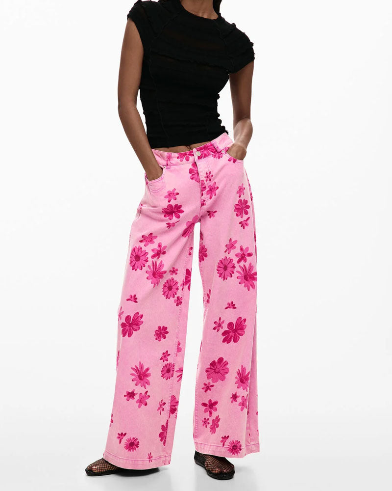 Desigual Pantaloni Jeans a Fiori Colore Rosa