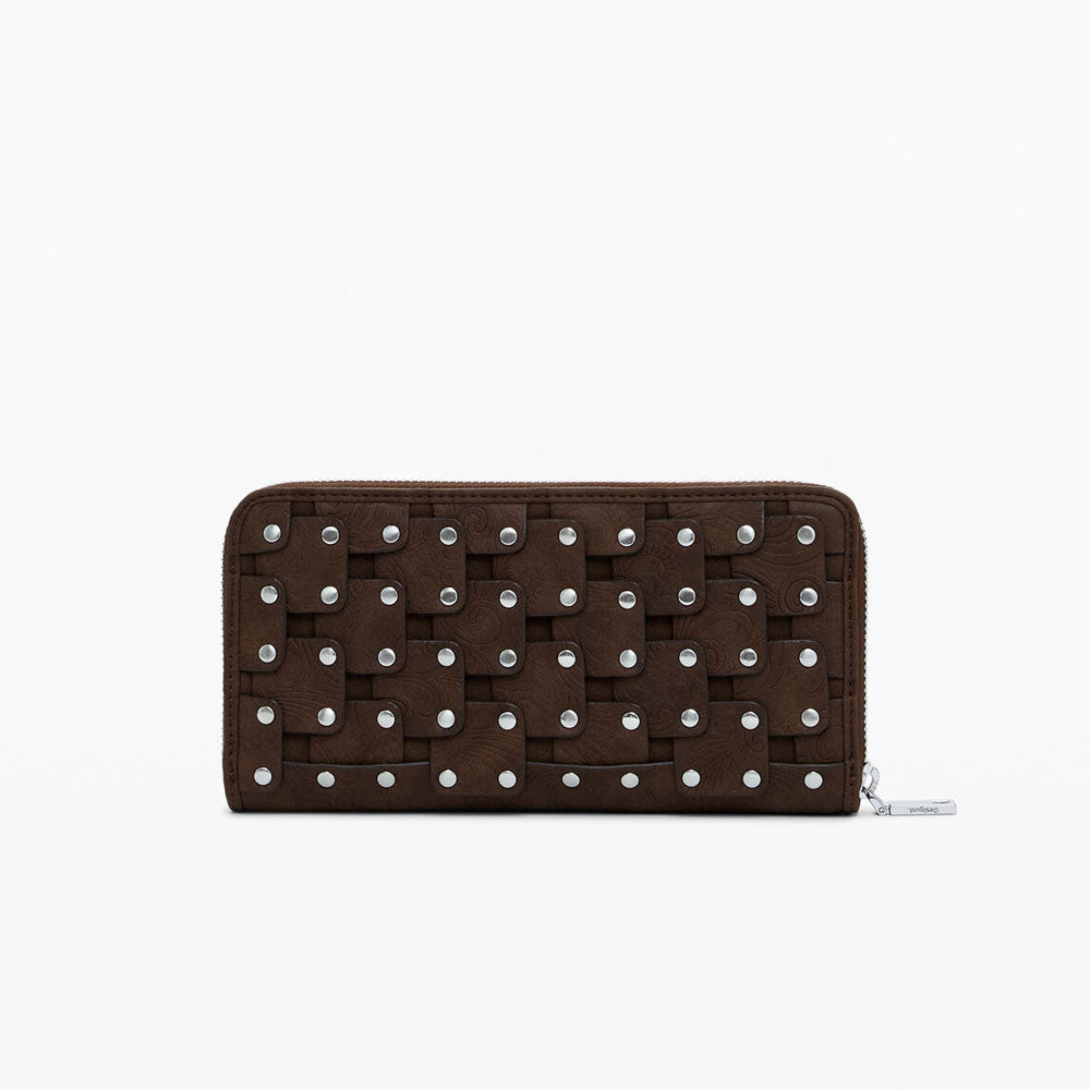 Desigual Portamonete Grande Effetto Pelle con Borchie Colore Marrone