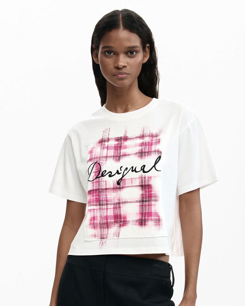 Desigual T-Shirt Logo a Quadri Colore Bianco