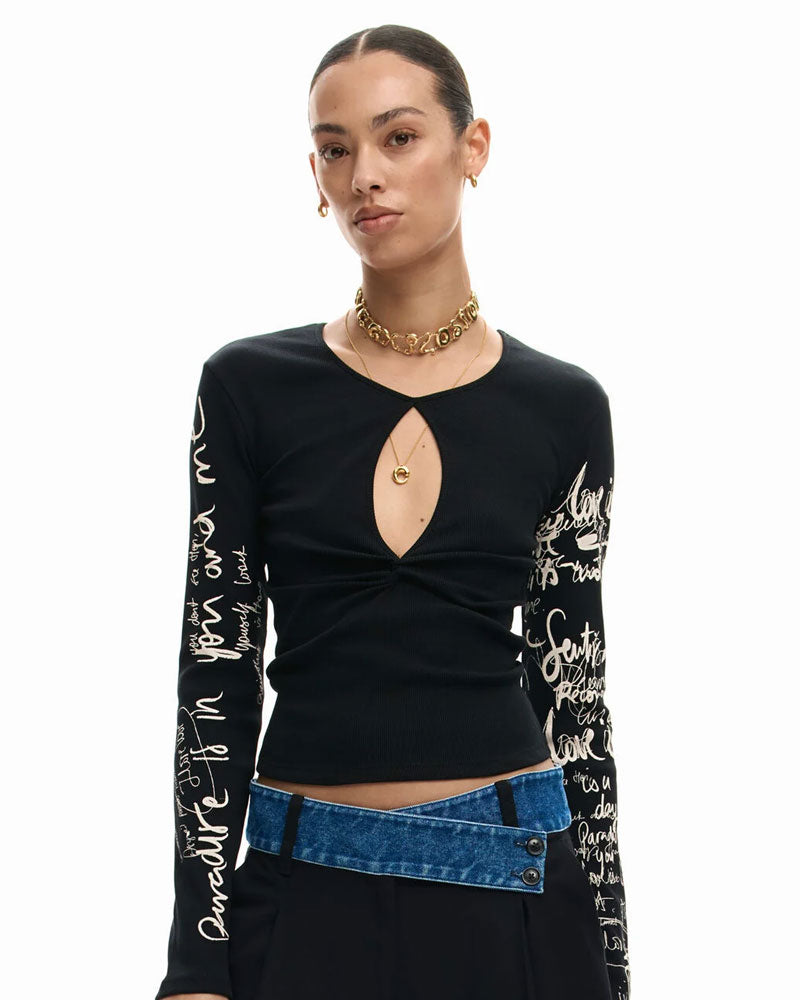 Desigual T-Shirt con Apertura con Lettering Colore Nero
