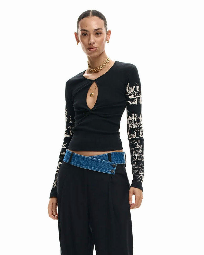 Desigual T-Shirt con Apertura con Lettering Colore Nero