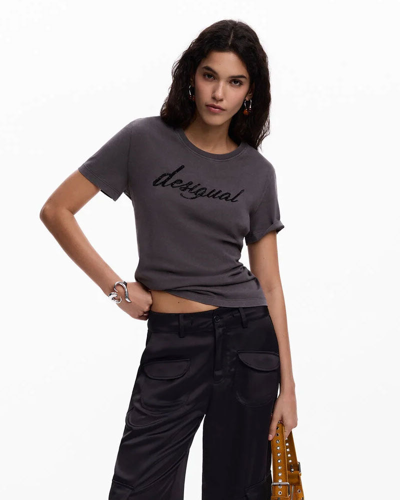 Desigual T-Shirt con Logo Ricamato Colore Grigio