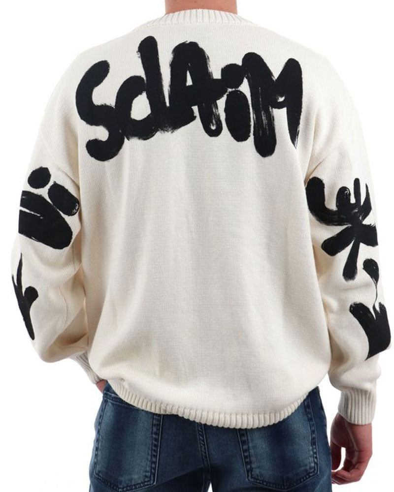 Disclaimer Pullover in Tricot con Stampa da Uomo Colore Latte