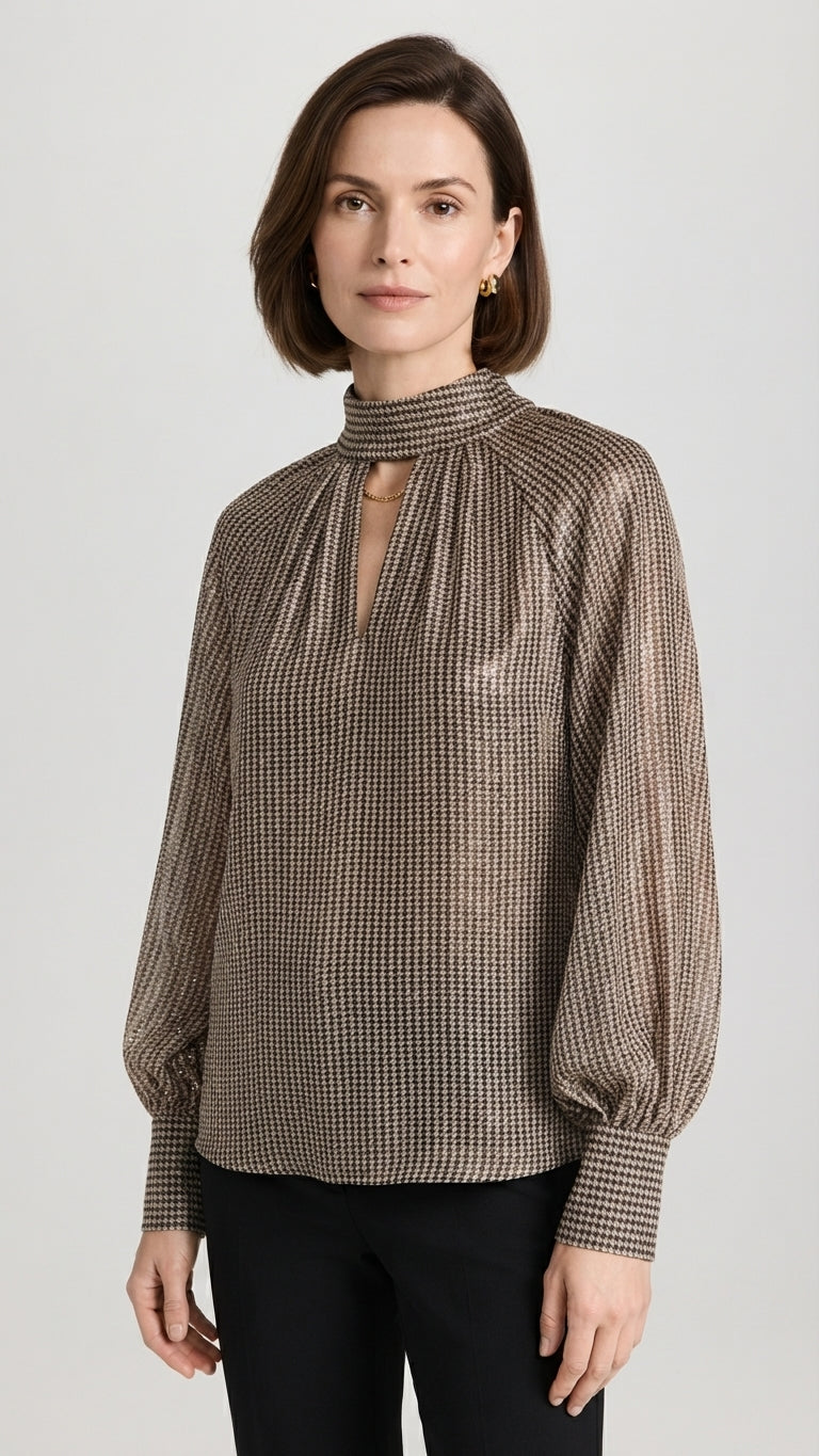 Eco Blusa Pied-de-Poule con Collo Alto Colore Marrone e Nero