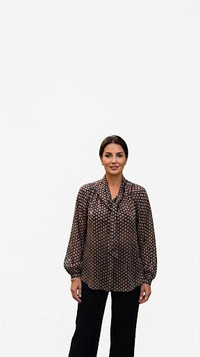 Eco Camicia Donna Fantasia con Fiocco al Collo Colore Nero e Tortora