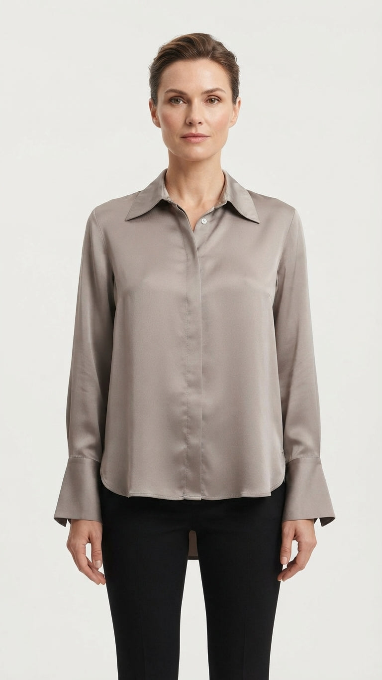 Eco Camicia Donna Satinata con Polsini Svasati Colore Tortora