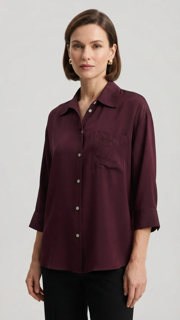 Eco Camicia con Taschino Ricamato Colore Vino