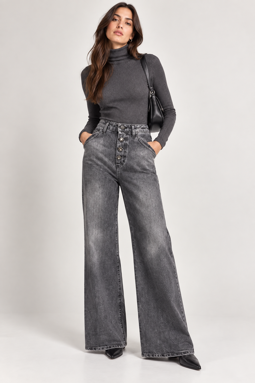 Eco Jeans Wide Leg con Bottoni Gioiello Colore Grigio
