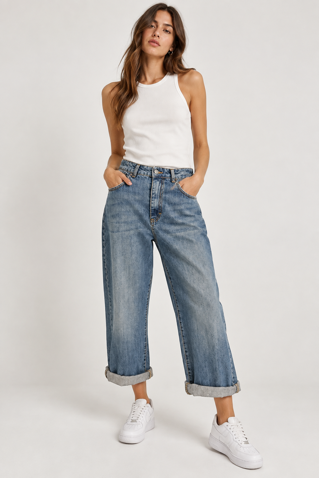 Eco Jeans Wide Leg con Risvolto Colore Denim