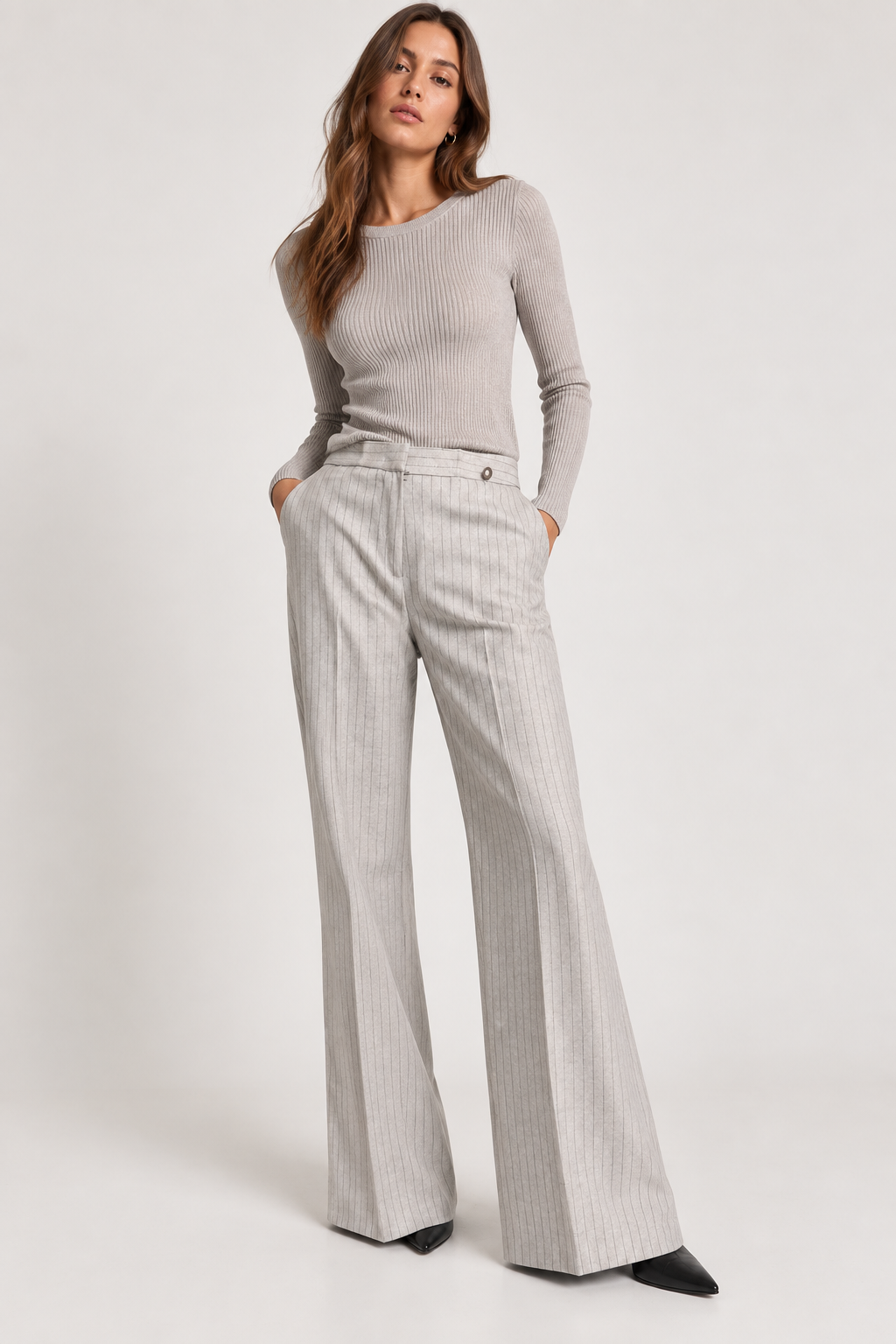 Eco Pantalone Gessato Wide Leg Beige Gessato