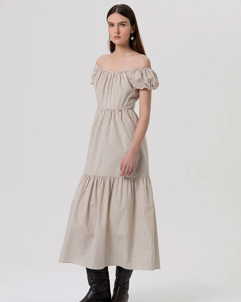 Fracomina Abito Regular Lungo in Cotone a Righe Colore Vaniglia