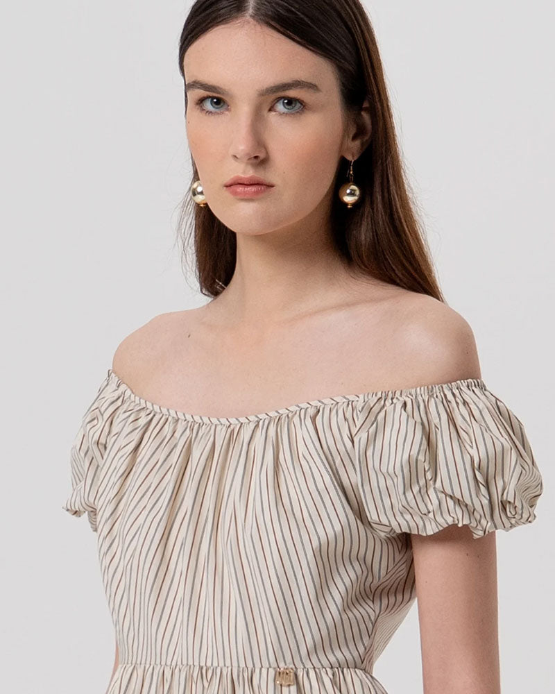 Fracomina Abito Regular Lungo in Cotone a Righe Colore Vaniglia