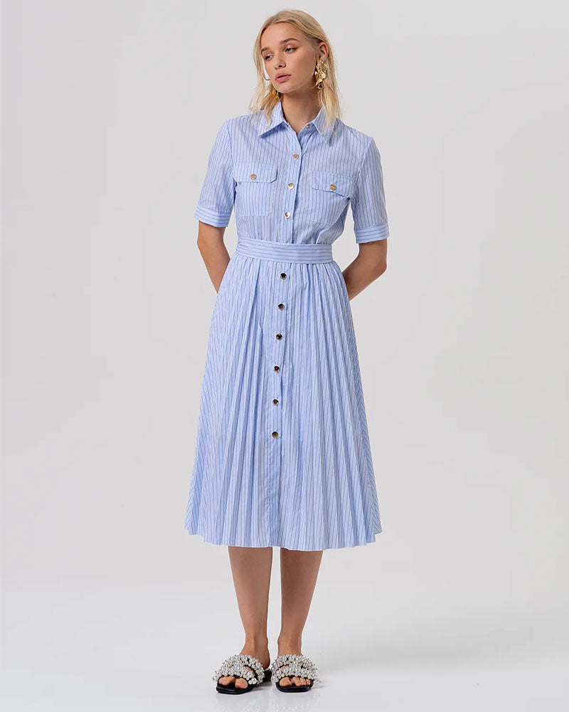 Fracomina Abito Regular Modello Chemisier Midi in Popeline a Righe Colore Blu Chiaro