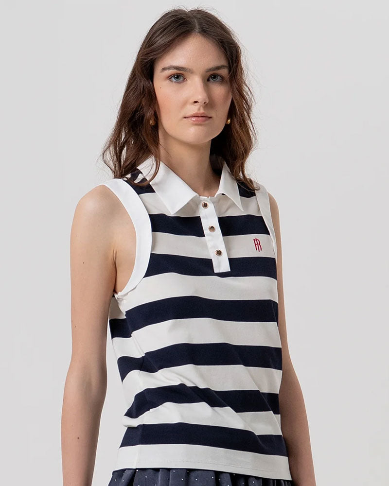 Fracomina Polo Senza Maniche a Righe Colore Crema Blu Scuro