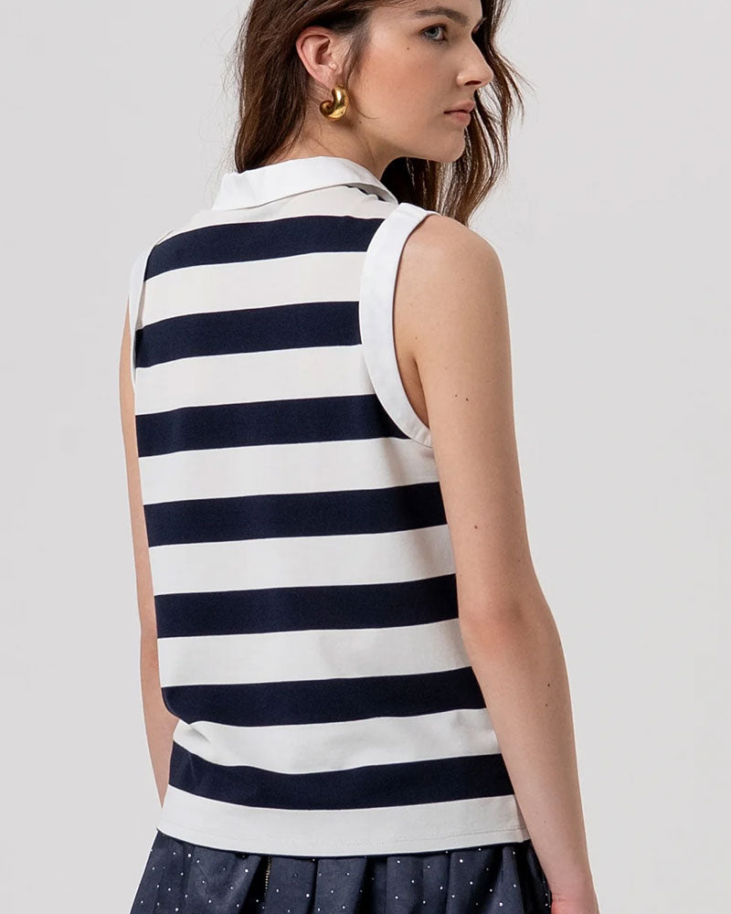 Fracomina Polo Senza Maniche a Righe Colore Crema Blu Scuro