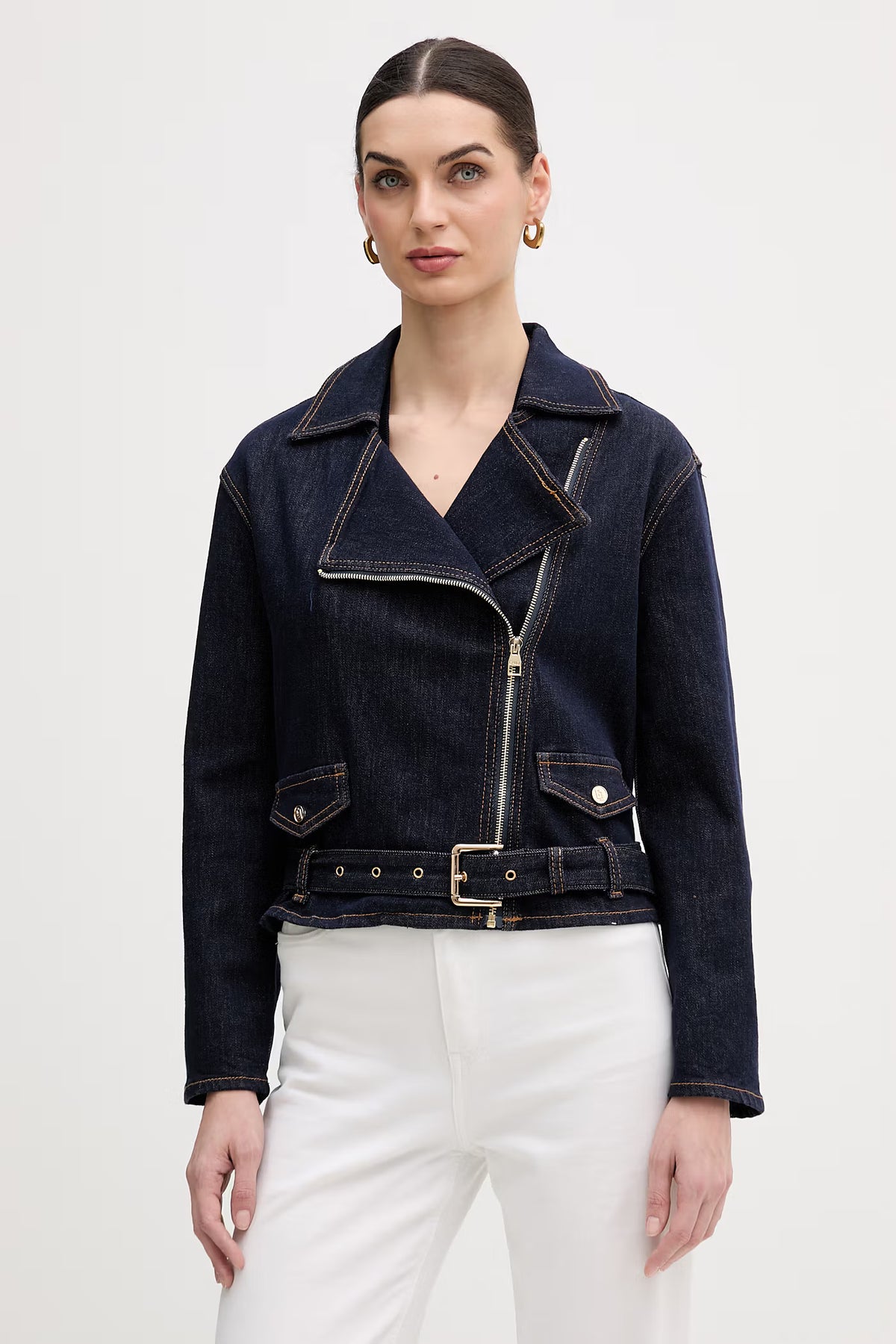 Gaudì Giacca Biker Donna in con Cintura Colore Denim Blu