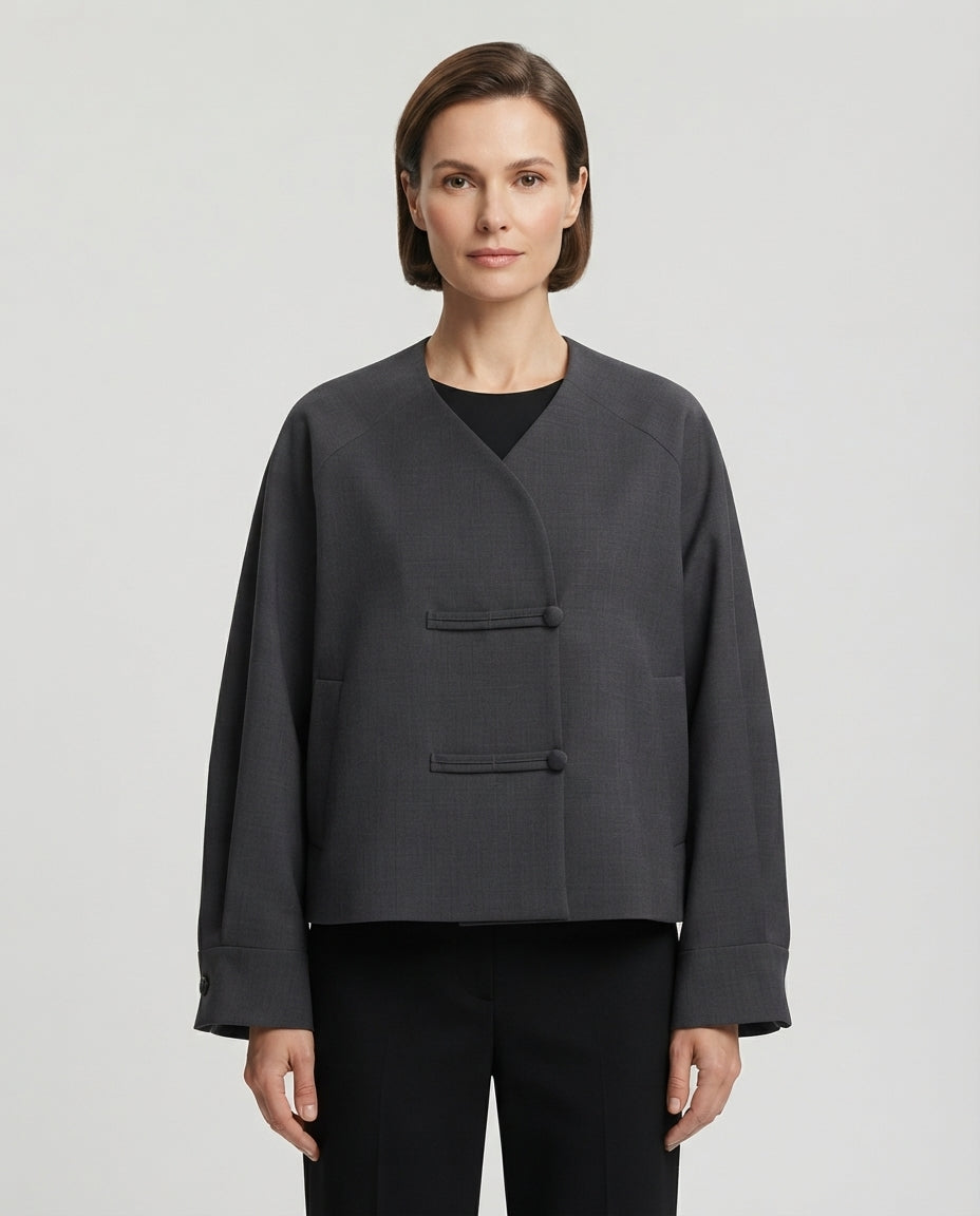 Eco Giacca Donna Girocollo con Chiusura Asimmetrica Colore Grigio