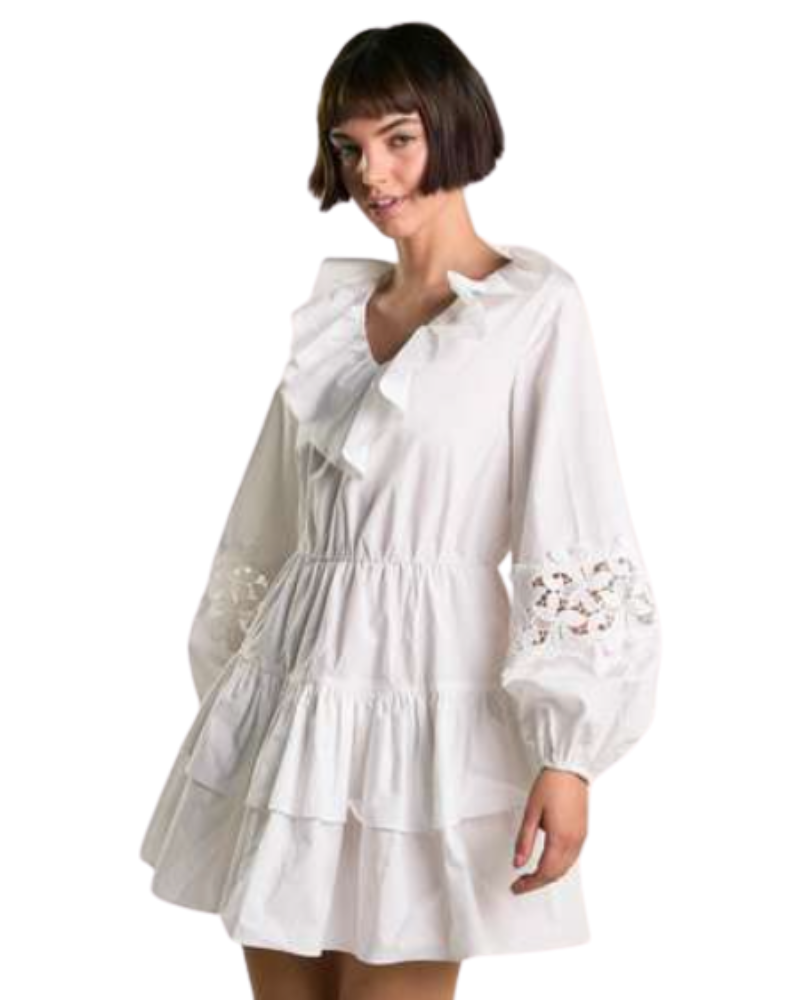 Glamours Abito Mini con Balze Colore Bianco