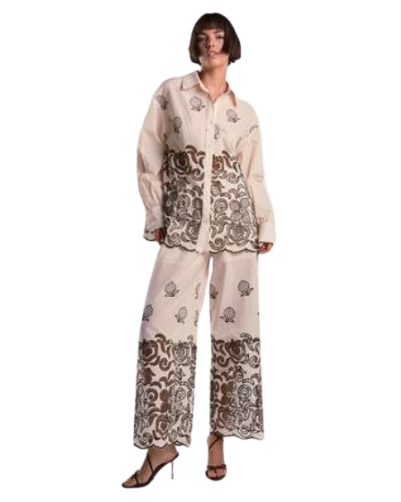 Glamours Pantaloni con Stampa Decorativa Colore Marrone e Bianco
