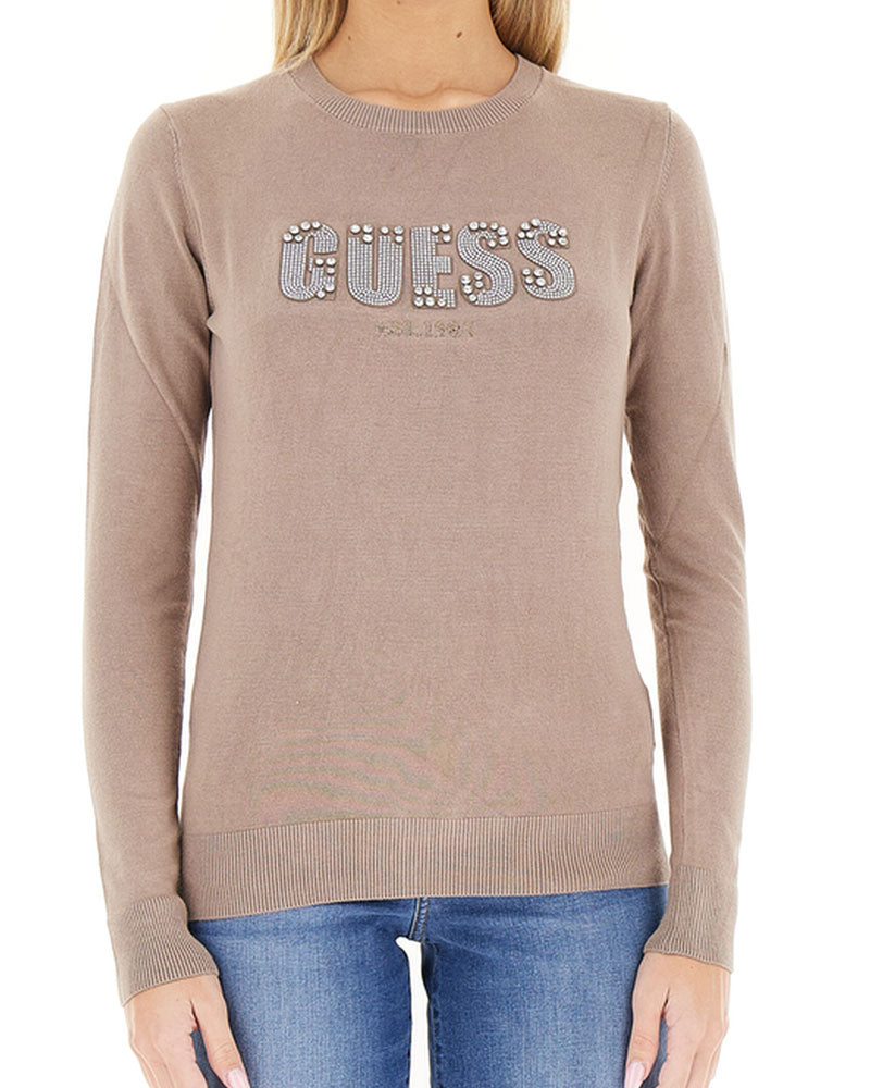 Guess Maglione Logo Frontale Strass da Donna Colore Beige