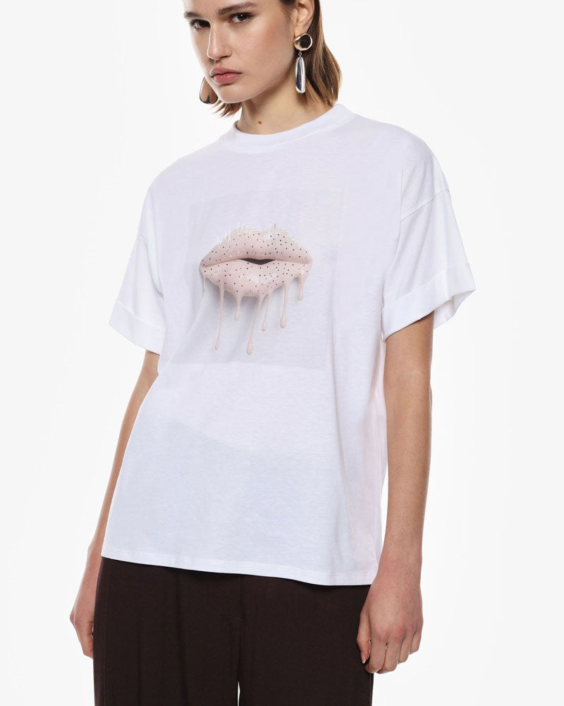 Imperial T-Shirt Girocollo Stampa Labbra Oversize