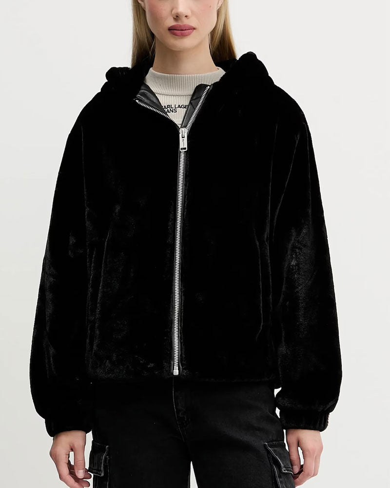 Karl Lagerfeld Giacca in Pelliccia Sintetica e Logo Retro da Donna Colore Nero