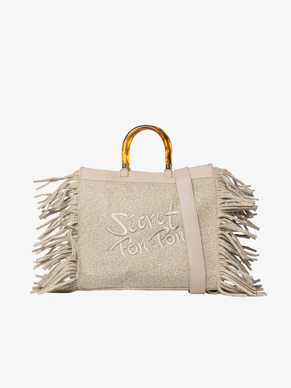Secret Pon Pon Borsa Jacqueline Tote Large con Frange Colore Crema