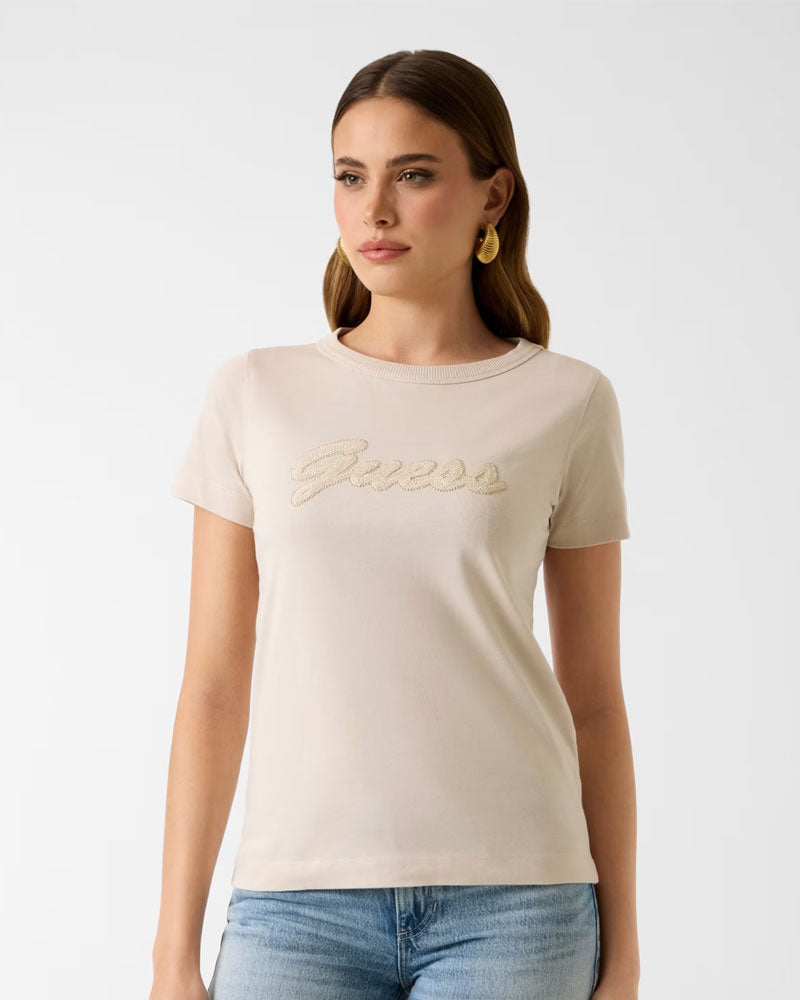 Guess T-Shirt con Logo in Rilievo Colore Beige